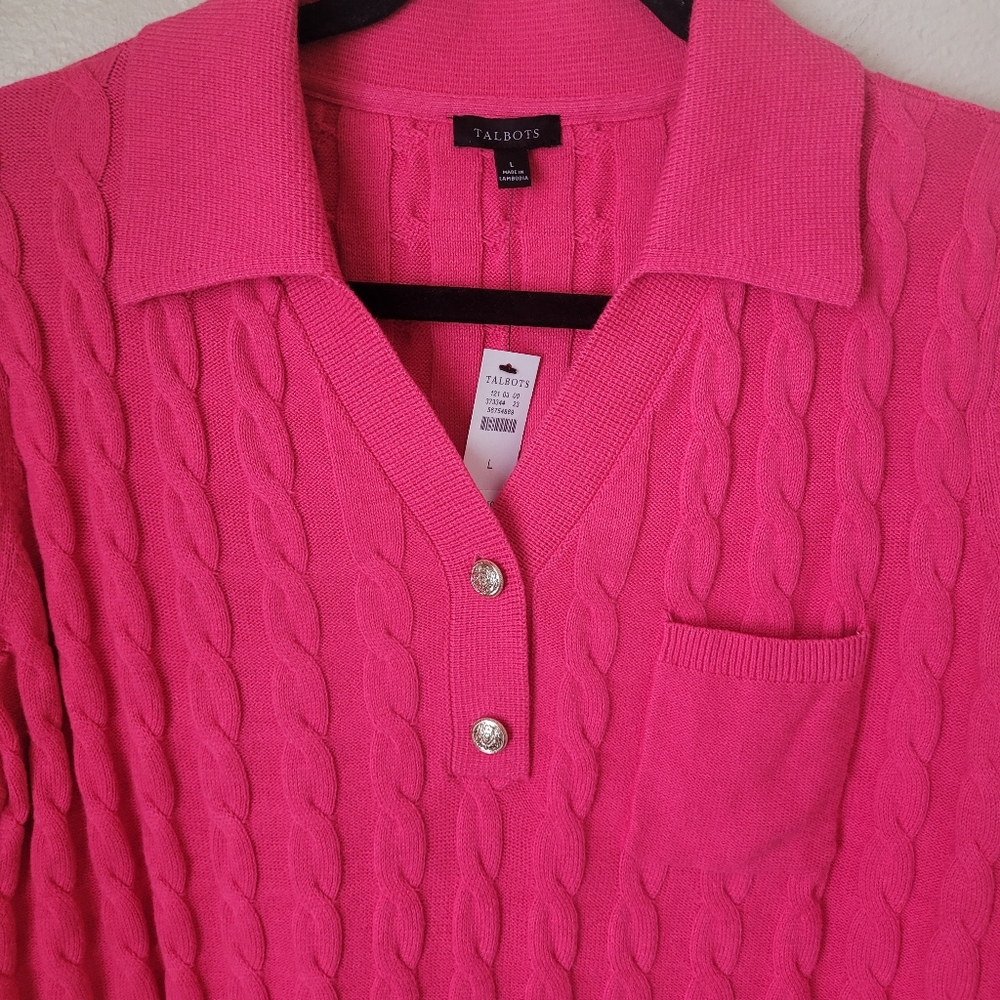 Talbots Pink Cable-Knit Polo Sweater - Picture 3 of 7
